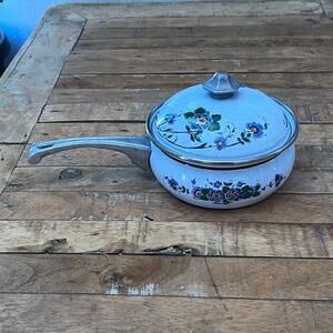 Vintage Asta Germany Enamel Cookware Saucepan t 6.5" Diameter Blue Floral